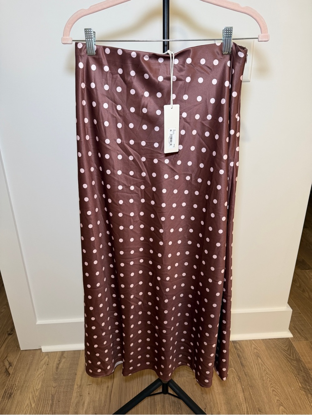 Altar'd State Brown Satin Maxi Skirt with Pink Polka Dots